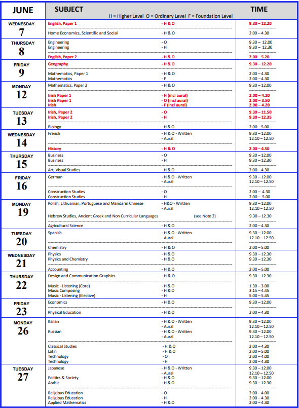 2023 Leaving Cert Exam Timetable L.C. Maths